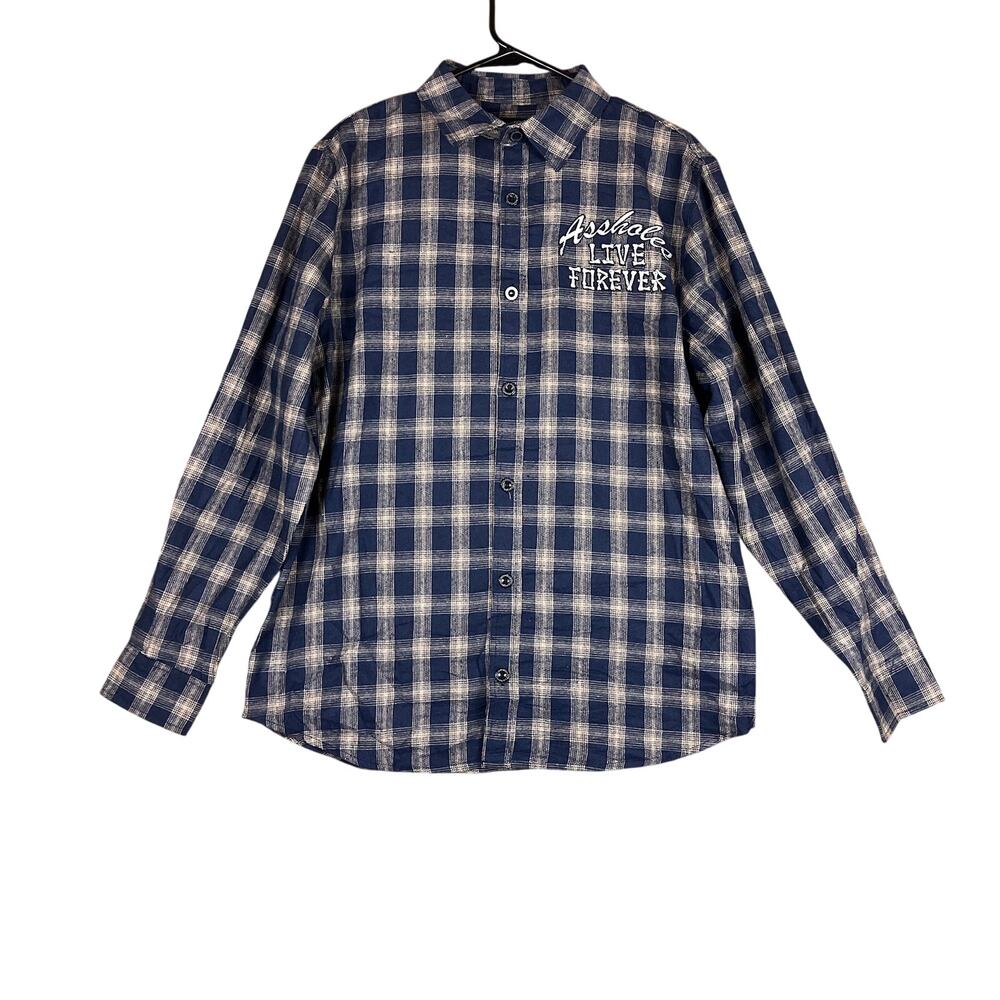 A$$holes Live Fovrever Mens Shirt Navy Beige Plaid Button Down Cotton Blend L